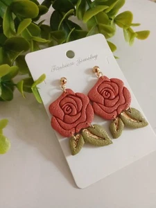 HANDMADE POLYMER CLAY FLORAL EARRINGS FOR WOMEN CUTE ROSE FLOWER EARRINGS - Picture 1 of 9