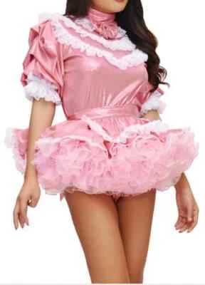Sissy Maid Girl Vestido PVC Rosa Bloqueable Cosplay Disfraces Hecho a Medida Foto 1 de 4