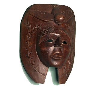 Vintage Hand Carved Guatemala Mayan Chief Mask with Quetzal Bird Wreath 14” Tall