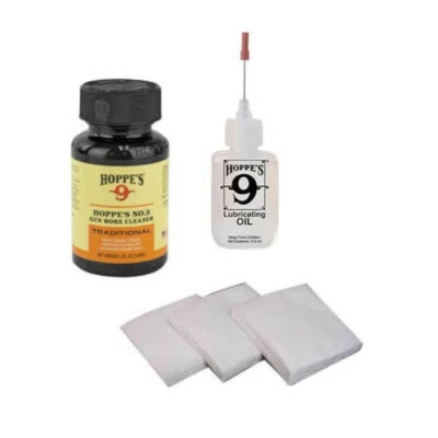 Limpiador de agujeros de pistola HOPPES 5 oz y lubricante de precisión Hoppes 40 parches 9 mm - 45 Cal Foto 1 de 4