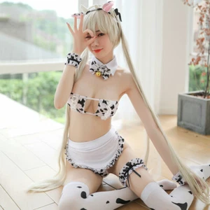 Women Kawaii Cow Print Bikini Sets Maid Outfit Sexy Lingerie Cosplay Bra Set - Picture 1 of 7