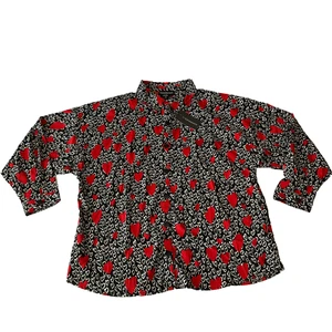 Wednesdays Girl Long Sleeve Button Front Blouse Womens Size XL Black Red Hearts - Picture 1 of 16