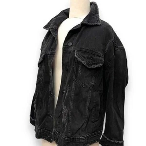 Distressed Black Denim Jacket Large - Picture 1 of 8
