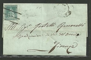 Toscana 1851 - 2 cr. azzurro verdastro su grigio - Lettera - Muto Arezzo ASI080 - Imagen 1 de 3