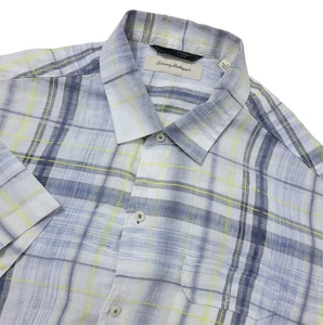 Tommy Bahama Mens Large White Gray Yellow Plaid Button Up 100% Linen SS - Picture 1 of 6
