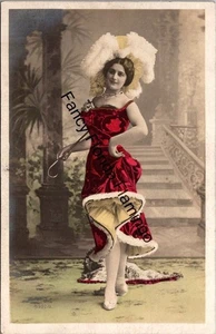 Antique Postcard Cabaret Performer in Red Velvet Dress Plumed Hat Hand-Tinted - Picture 1 of 2