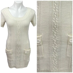 Liv Sweater Dress Womens Small Cable Knit Cream Short Sleeve Cabincore Cozy Work - Picture 1 of 12