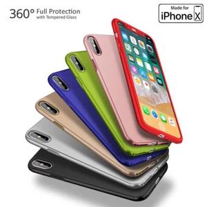 iPhone X Case 360° Full Body Protective Case Cover Skin + Tempered Glass Screen - Photo 1 sur 9