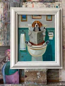 Original Oil Painting animal Dog Beagle & toilet 25x20cm UNFRAMED - Picture 1 of 8