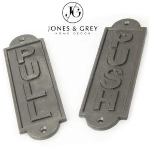PULL / PUSH OLD VINTAGE ANTIQUE STYLE CAST IRON DOOR SIGNS METAL PLAQUES GREY - Picture 1 of 4
