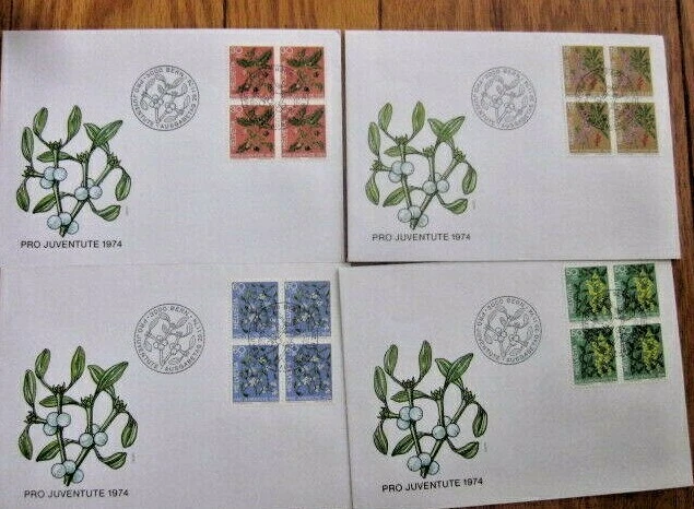Switzerland 1974 FLOWERS PRO JUVENTUTE SET BLOCKS COMPLETE CACHET 4 FDCS UNADDR - Image 1 of 1