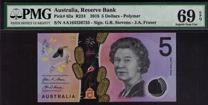 PMG 69 Australian Banknotes $5, 1 x First Prefix AA163526733 Superb Gem UNC 2016