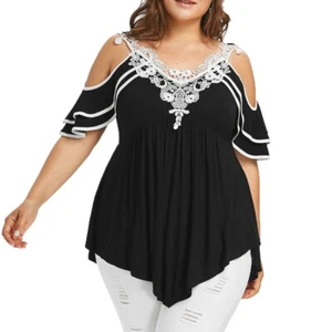 18-20/Plus size Modern Black Street Wear Off Shoulder Lace T-Shirt Tunic Blouse - Picture 1 of 8
