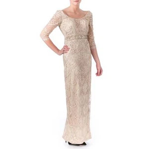 SUE WONG 6144 NEW Womens Tan Beaded 3/4 Sleeves Formal Dress Gown 10 - Picture 1 of 3
