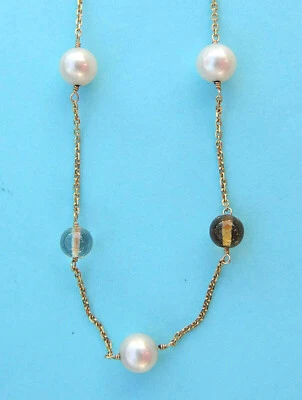 Genuine Cultured Pearl & Gemstone Necklace - 14K Yellow Gold - 16.5 Inches - Image 1 of 3