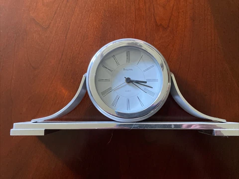 Bulova Sedona Tabletop Brushed Aluminum Clock B2450 Roman Numerals. Tested Cover