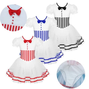 Girls Puff Sleeves Stripe Figure Ice Skating Leotard Tutu Dance Dress Costume - Picture 1 of 44