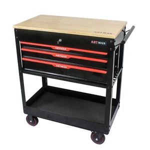Multifunctional Tool Cart on Wheels with Wooden Top and 3 Drawers Storage - Picture 1 of 12