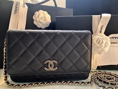 New CHANEL 23A Wallet o Chain BIG CC Caviar Black Crystal WOC Bag Gold MICROCHIP - Image 1 of 4