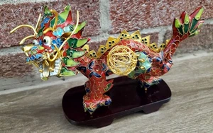 Vintage Cloisonne Dragon Figure: Gilded Brass Enamel W/ Stand - Picture 1 of 8