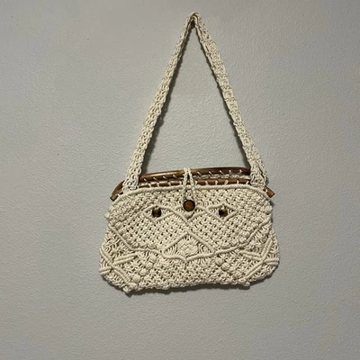 Vintage Ivory Macrame Purse Woven Wood Beads Shoulder Bag Boho, Cottagecore - Image 1 of 4
