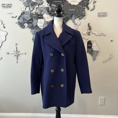 Abrigo Lands End Mujer 14 Doble Pecho Mezcla Lana Guisante Azul Marino Botones Dorados Foto 1 de 4