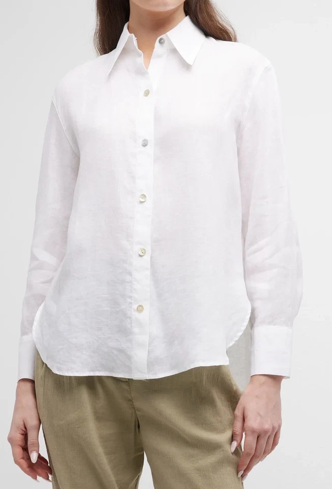 Vince M Medium Womens Blouse White Relaxed Button Linen Blend Shirt Long Sleeve