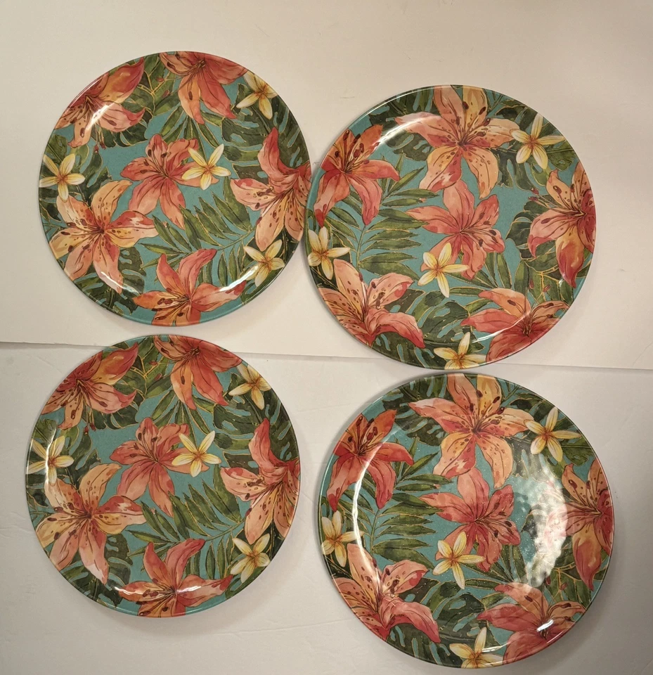 Tommy Bahama Melamine Dinner Plates 11" Hibiscus Tropical Flowers Set Of 4 EUC - Image 1 of 4