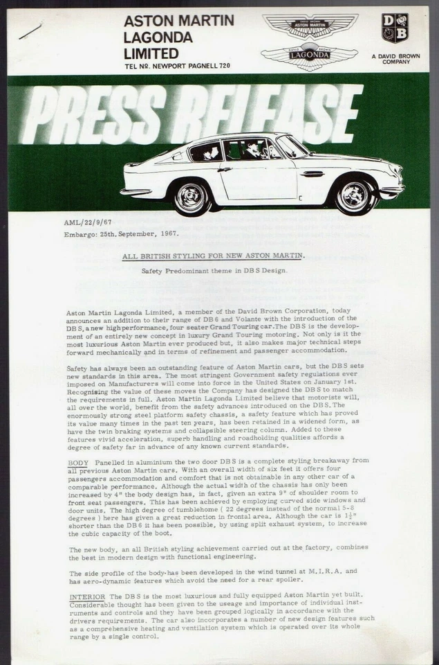 Aston Martin DBS 1967 Великобритания Рынок Пресс-релиз - Изображение 1 из 1