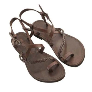MADE IN ITALY | Sandali alla Romana da donna in cuoio e pelle Treccia Marrone - Picture 1 of 3