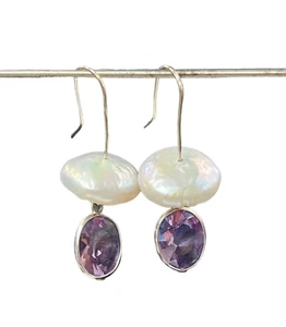 Natural Sparkly Oval Amethyst & Pearl 14K White Gold Dangling Earring 1.5" - Picture 1 of 7