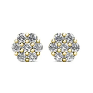 1.50Ct Round Simulated Diamond Flower Cluster Stud Earrings 14K Yellow Gold - Picture 1 of 4
