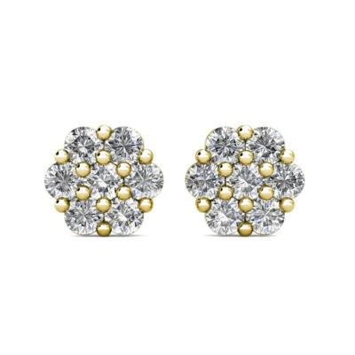 1.50Ct Round Simulated Diamond Flower Cluster Stud Earrings 14K Yellow Gold - Image 1 of 4