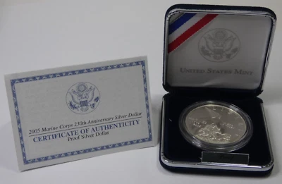 2005 Marine Corps 230th Anniversary Commemorative PROOF Silver Dollar w/ OGP+COA - Image 1 of 4