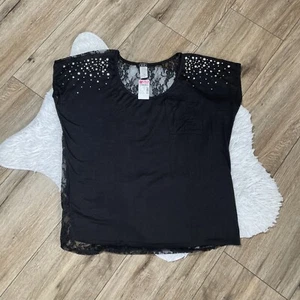 New Deb Black Full Lace Back Short Sleeve  Studded Top Size 1X - Picture 1 of 8