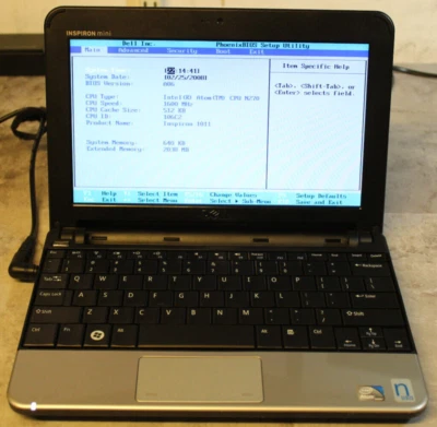 Dell Inspiron mini1011 para piezas Bios sin disco duro 2 GB Ram Atom N270@1,6 GHz CPU Foto 1 de 4