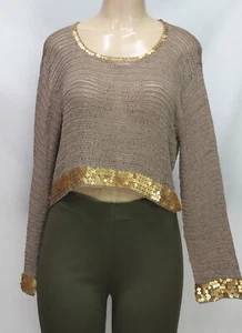 Kroshetta by Papillon Women's Crochet Sweater Top Long Sleeve Brown Gold Size XL - Picture 1 of 7