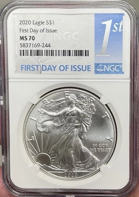 2020 $1 AMERICAN SILVER EAGLE NGC MS70 FIRST DAY OF ISSUE FDI 1ST LABEL BLUE - Image 1 of 2
