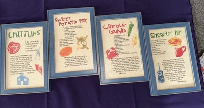 4 Vtg Wood Framed Recipe Prints Rustic Kitchen Decor Blue USA 9.5" x 6.5" USA - Image 1 of 4