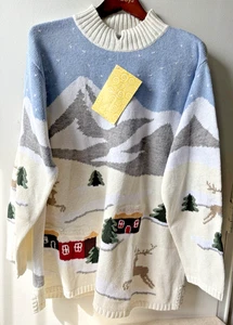 Nuevo con etiquetas Suéter Punto en el Tiempo 2X Vintage Escena de Invierno Ciervos Árboles Algodón Blnd - Imagen 1 de 5