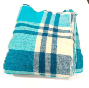Vintage Blanket Pure Wool Blue Checks Stripes Great Colour no label Blanket - AF - Bild 1 von 16