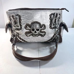 Cartera grande con estrás marrón/plateado oculta con calavera y huesos cruzados para mujer - Imagen 1 de 6
