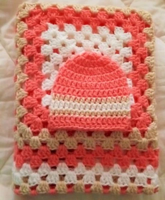 Crochet Baby Blanket Set, Baby Beanie Hat, Light Coral, Tan and Bright White - Image 1 of 3