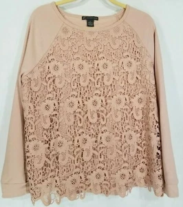 Adrianna Papell L Sweater Long Sleeve Pink Lace Top Women Crew Neck Peach Raglan - Picture 1 of 9