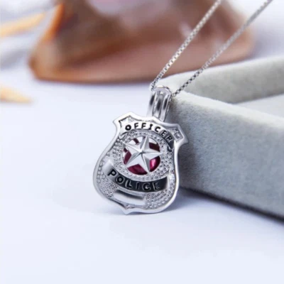 Auténtico collar colgante de plata esterlina 925 con insignia de jaula de perlas estrella de policía Foto 1 de 4
