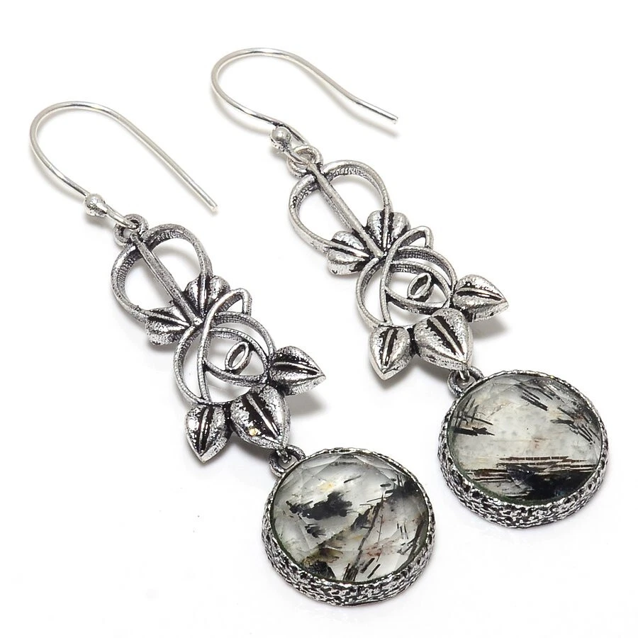 Faceted Black Rutile Gemstone Silver Plated Earrings Jewelry 3" - Image 1 of 1