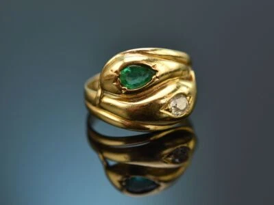 ENGLISCHER SCHLANGEN RING MIT SMARAGD UND ALTSCHLIFF DIAMANT GOLD 750 UM 1900 - Bild 1 von 4