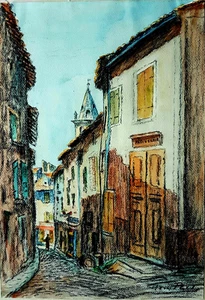 1934 PAINTING RUE SAINT ETIENNE OUR LADY OF JOY SIGNED ILLEGIBLE TOP QUALITY - Picture 1 of 5