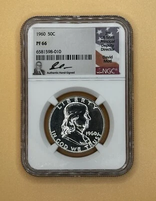 NGC 1960 PF66 50c Piece - Silver Franklin  Half Dollar Hand Signed By David Motl - Image 1 of 2