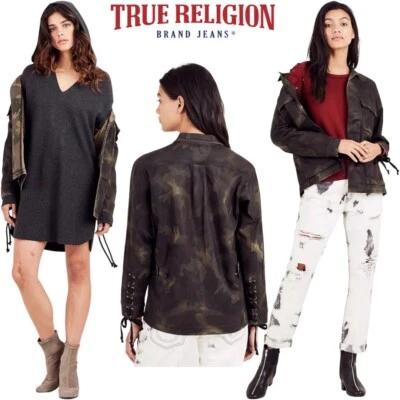 🔥VERDADERA RELIGIÓN CAMISA MILITAR CON CORDONES CHAQUETA CARGO CAMUFLAJE OLIVA S Foto 1 de 4